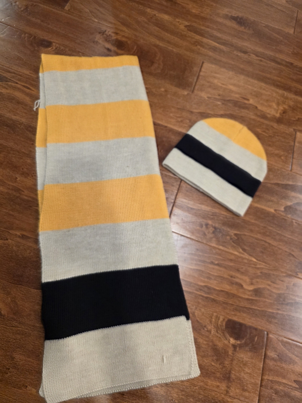 Nautica Yellow Cream & Black Striped Knit Scarf and Beanie Set